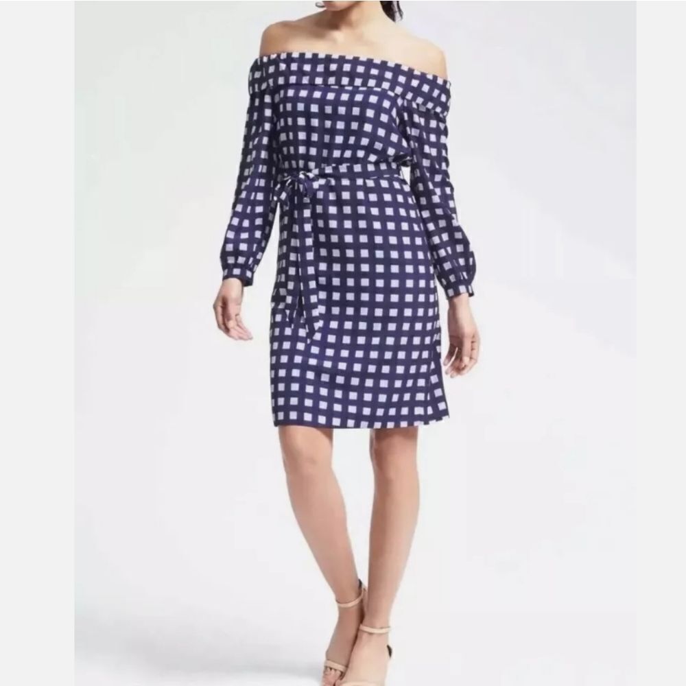 NEW Banana Republic Women Off Shoulder Blue & White Gingham Dress Dress Sz Small
